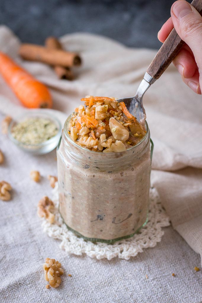 Easy breakfast Carrot Cake Overnight Oats with raisins and walnuts