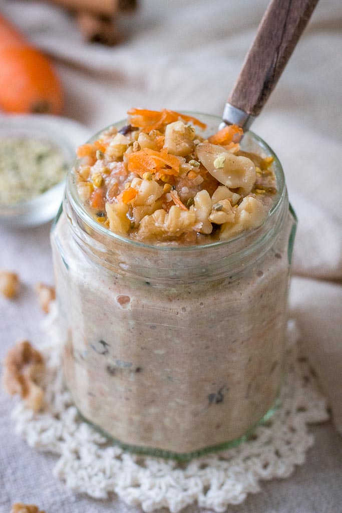 Healthy breakfast Carrot Cake Overnight Oats with raisins and walnuts