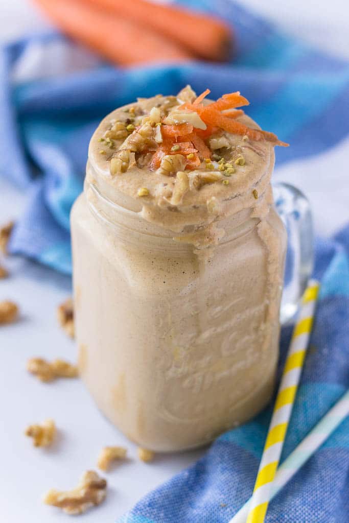 Carrot cake smoothie recipe with walnuts and probiotic yogurt