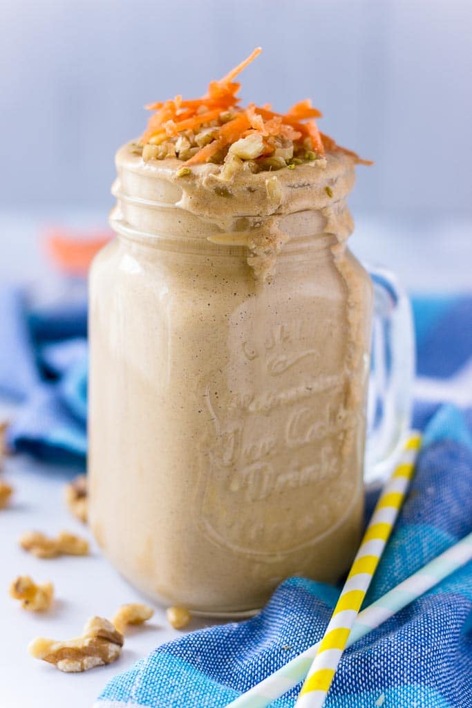 Carrot cake smoothie recipe with walnuts and probiotic yogurt