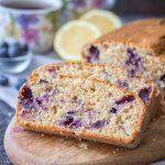 Healthy whole grain refined sugar-free Lemon Blueberry Pound Cake with fresh blueberries
