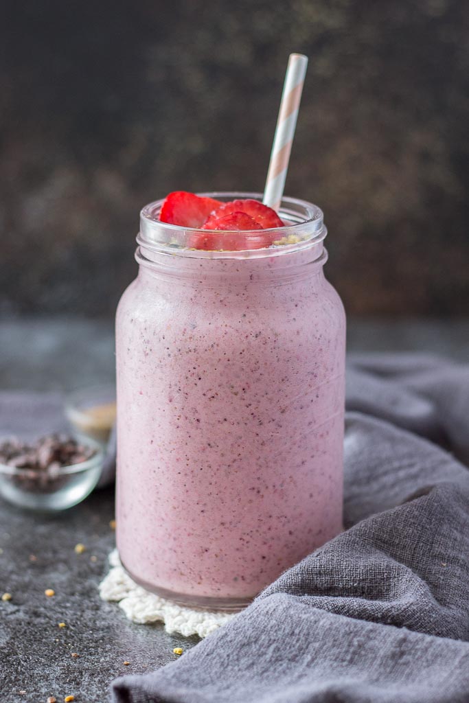 Healthy Strawberry Smoothie with kefir and superfoods