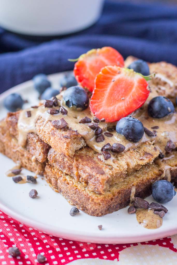 Cinnamon French Toast topped with almond butter and fruits