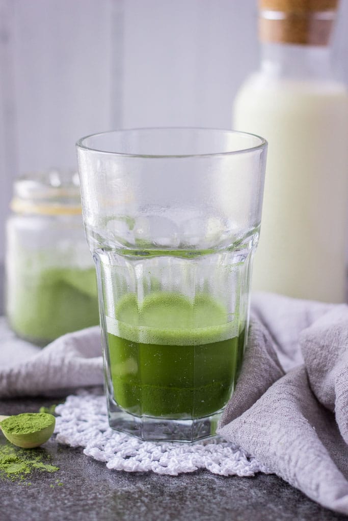 Iced Matcha Latte made with 3-ingredients without refined sugars