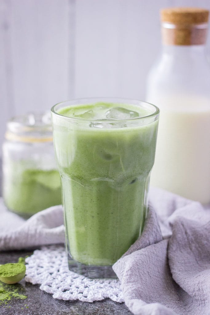 Iced Matcha Latte made with 3-ingredients without refined sugars