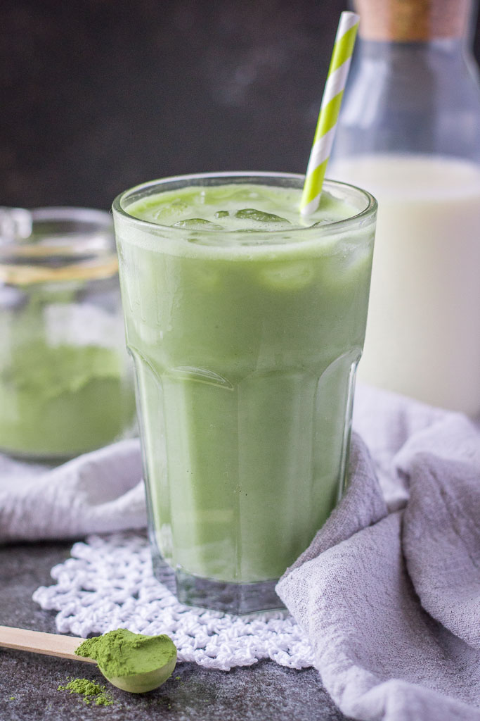 Iced Matcha Latte made with 3-ingredients without refined sugars