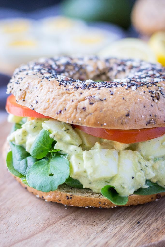 Mayo-free healthy Avocado Egg Salad Sandwich with fresh veggies