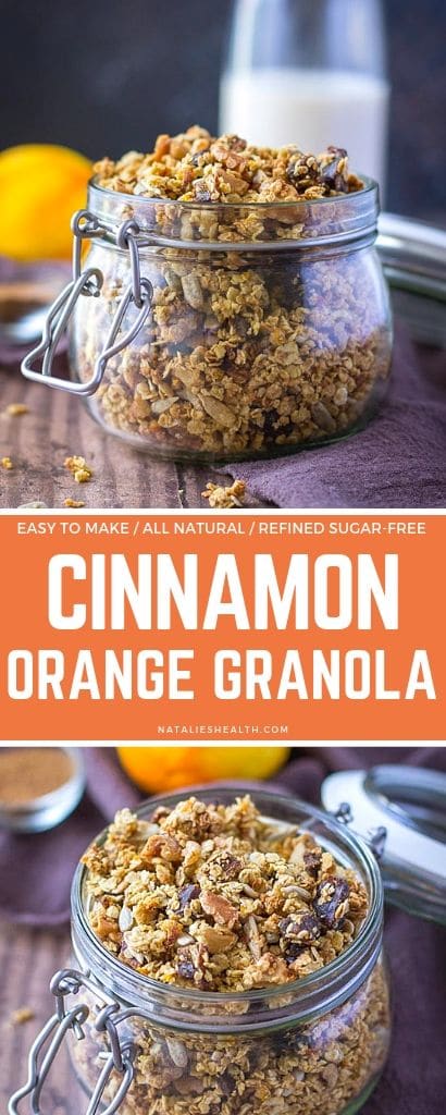 Crunchy, sweet and bursting with flavors, this Cinnamon Orange Granola tastes amazing and makes a great breakfast. It's healthy, nutritious and made without refined sugars. 