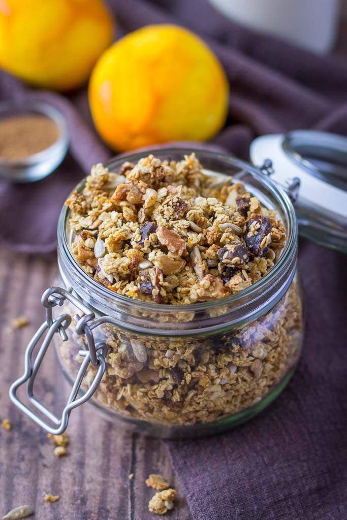 Homemade cinnamon granola flavored with orange and walnuts