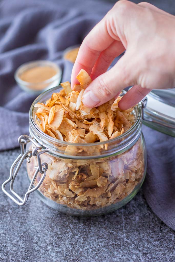 Healthy Toasted Coconut Chips recipe with cinnamon