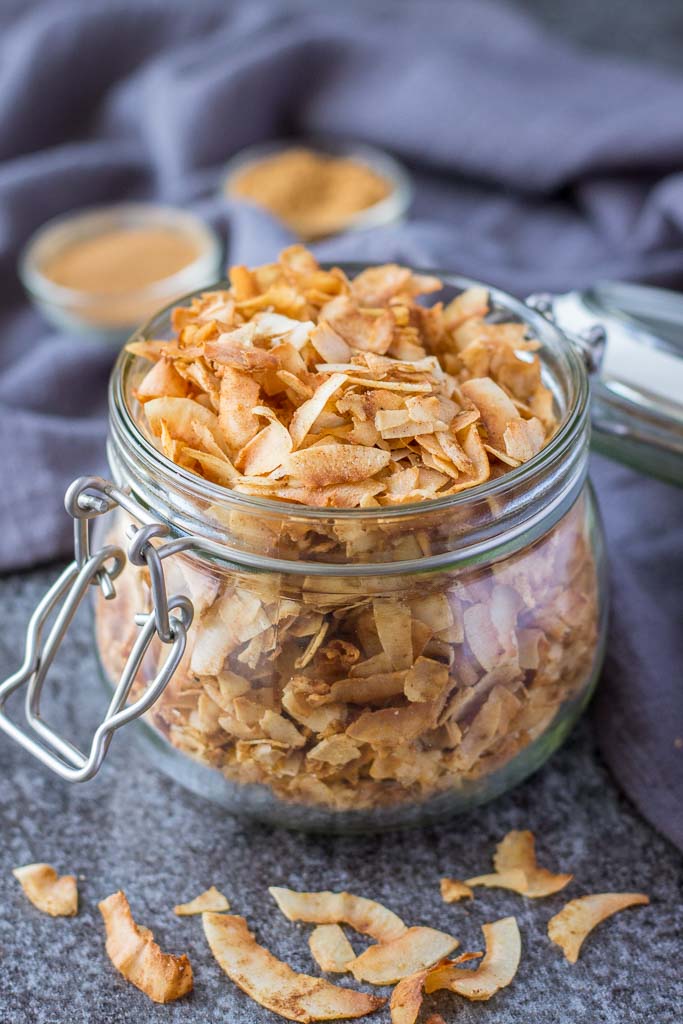 Healthy Toasted Coconut Chips recipe with cinnamon