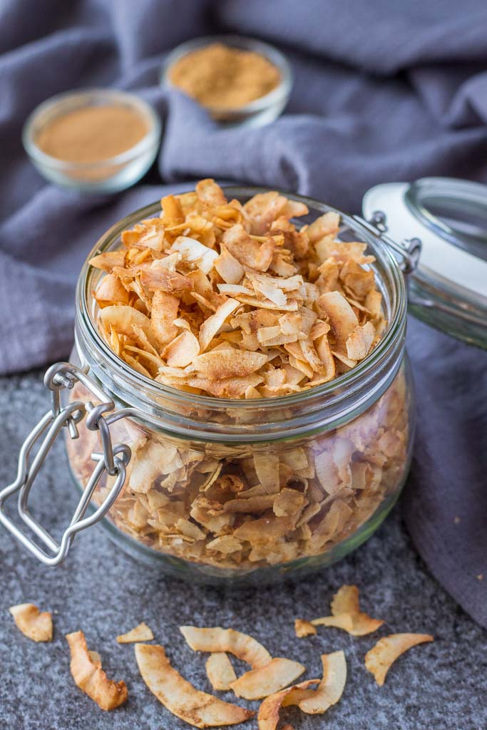 3 ingredient Coconut Chips recipe with cinnamon