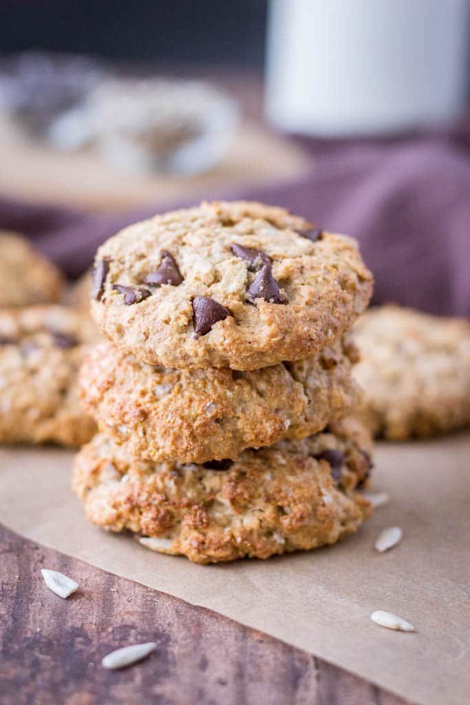 Healthy Tahini Oatmeal Cookies with chocolate chips and sunflower seeds