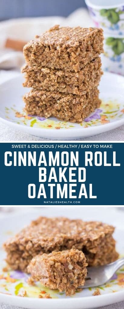 Satisfy your sweet morning cravings in a healthy way with this delicious Cinnamon Roll Oatmeal Bake! It's perfect make-ahead breakfast for busy mornings.