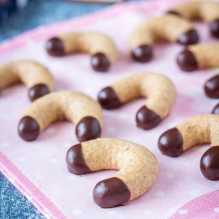 Vanilla Almond Crescent Cookies dipped in dark chocolate