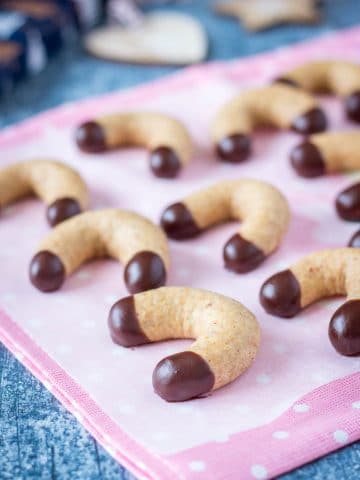 Vanilla Almond Crescent Cookies dipped in dark chocolate