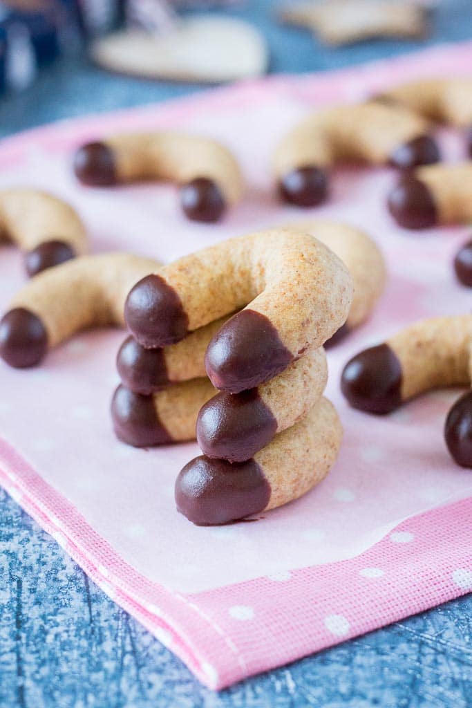Vanilla Crescent Cookies with ground almonds dipped in dark chocolate