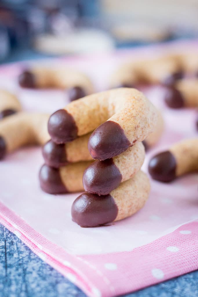 Vanilla Crescent Cookies with ground almonds dipped in dark chocolate