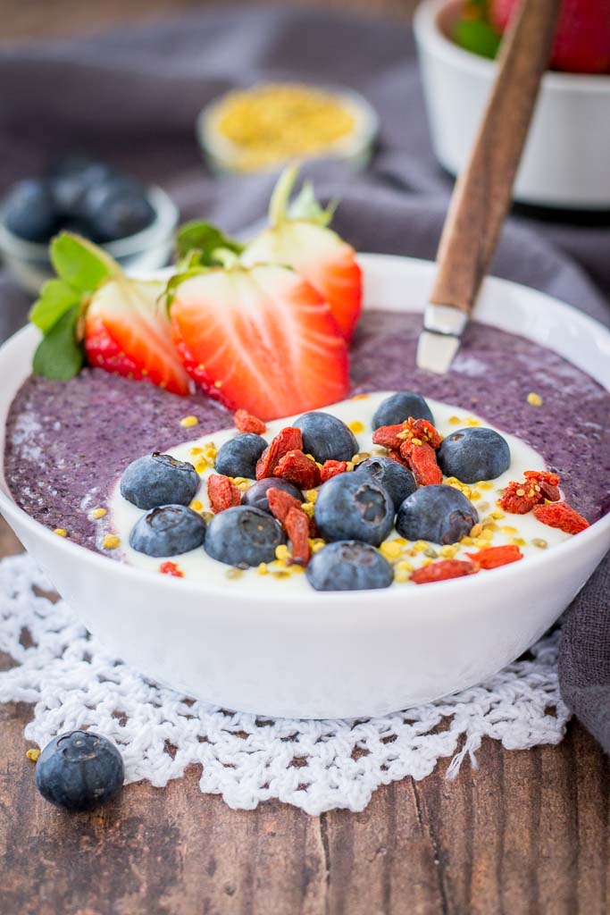 Blueberry Acai Bowl topped with fresh blueberries and strawberries