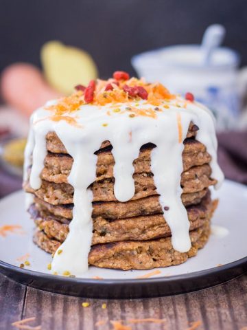 Carrot Cake Pancakes topped with Maple Cream Cheese drizzle