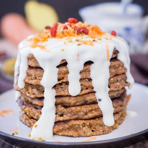 Carrot Cake Pancakes topped with Maple Cream Cheese drizzle