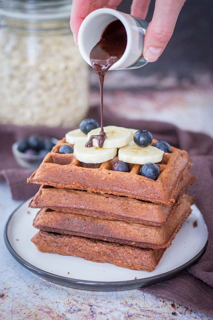 Chocolate Waffles made with oats and sweetened with bananas