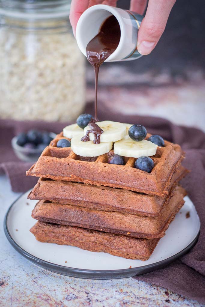 Chocolate Waffles made with oats and sweetened with bananas