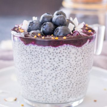 Blueberry Coconut Chia Pudding made with coconut cream topped with blueberry sauce, fresh blueberries, and coconut chips served in a glass bowl.