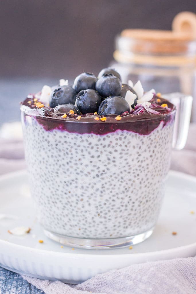 Blueberry Coconut Chia Pudding made with coconut cream topped with blueberry sauce, fresh blueberries, and coconut chips served in a glass bowl.