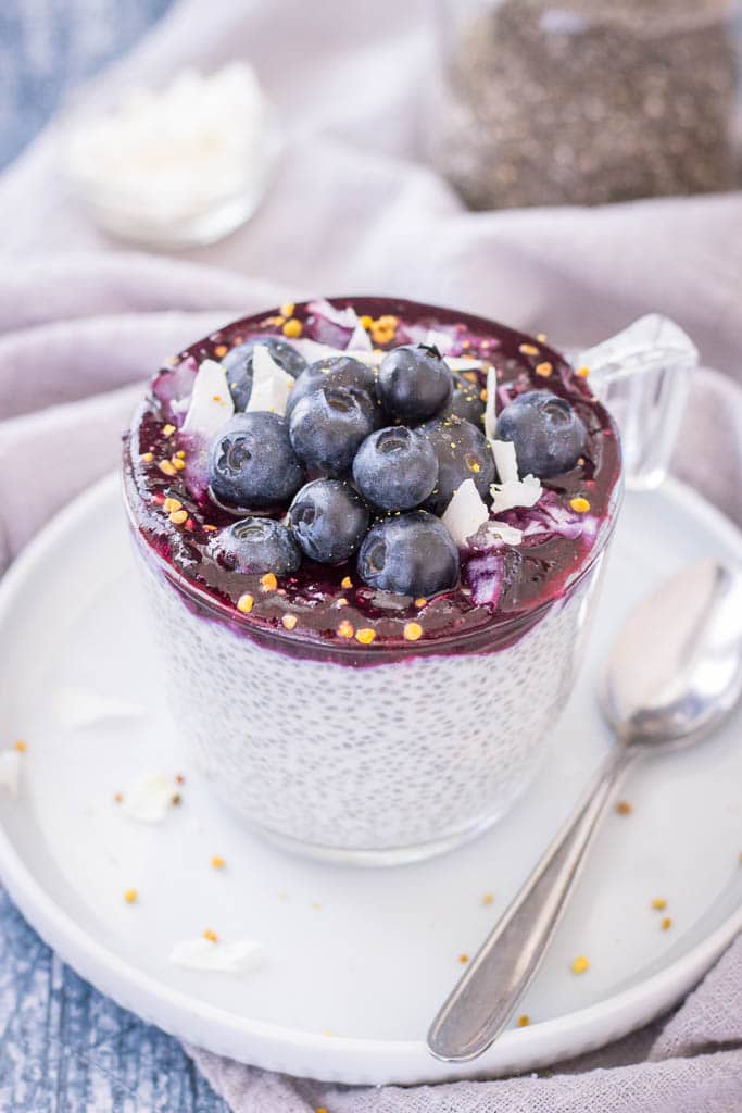 Blueberry Coconut Chia Pudding made with coconut cream topped with blueberry sauce, fresh blueberries, and coconut chips served in a glass bowl.