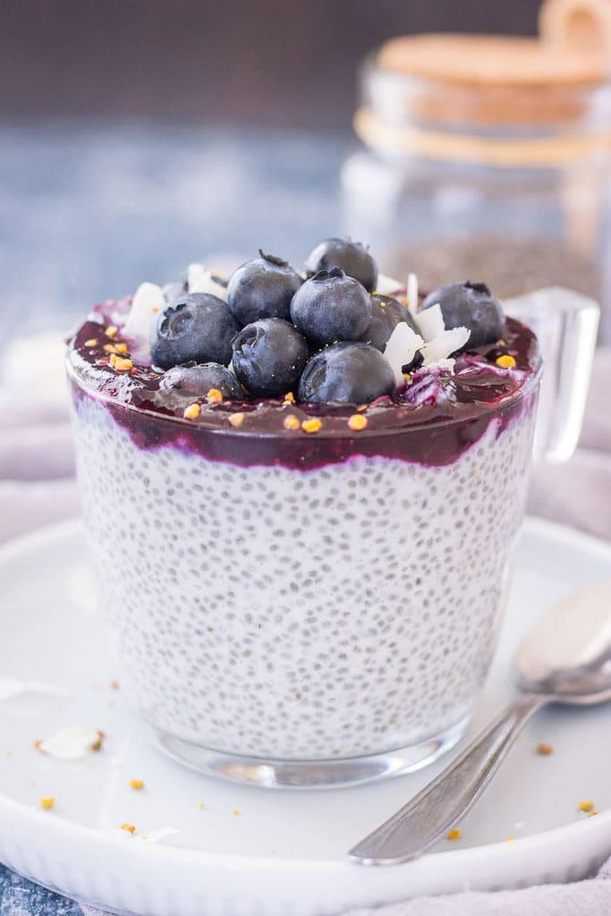 Blueberry Coconut Chia Pudding made with coconut cream topped with blueberry sauce, fresh blueberries, and coconut chips served in a glass bowl.