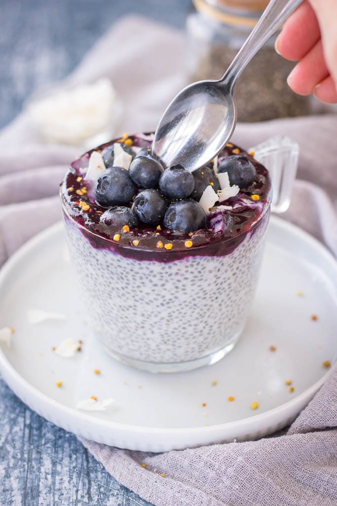 Blueberry Coconut Chia Pudding made with coconut cream topped with blueberry sauce, fresh blueberries, and coconut chips served in a glass bowl.