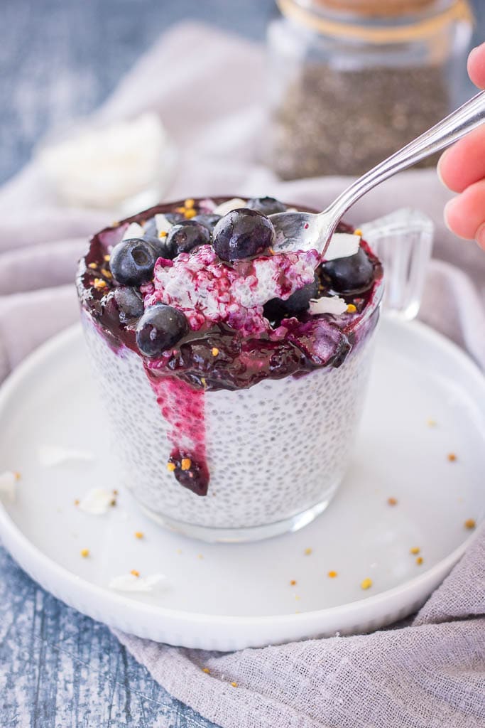 Blueberry Coconut Chia Pudding made with coconut cream topped with blueberry sauce, fresh blueberries, and coconut chips served in a glass bowl.