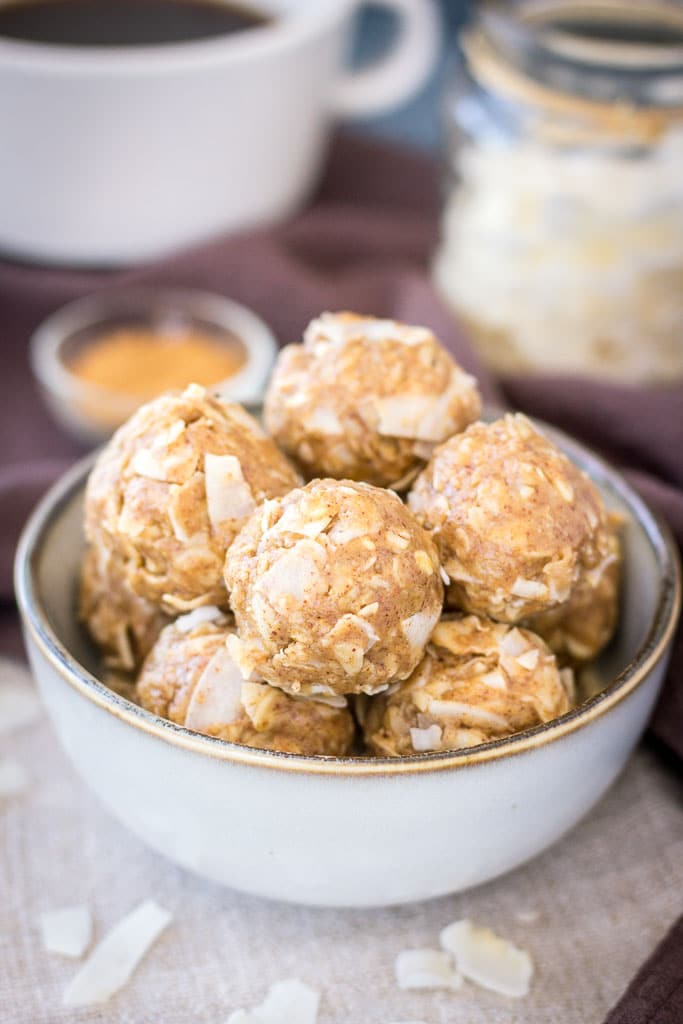 Gluten-free no-bake vegan Peanut Butter Coconut Balls with oats