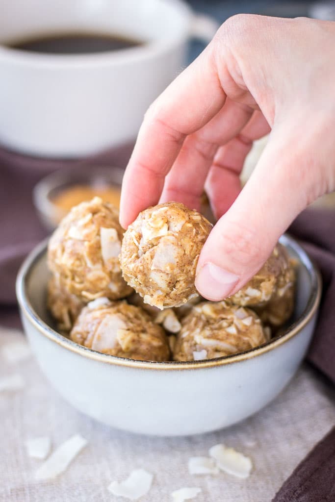 Gluten-free no-bake vegan Peanut Butter Coconut Balls with oats