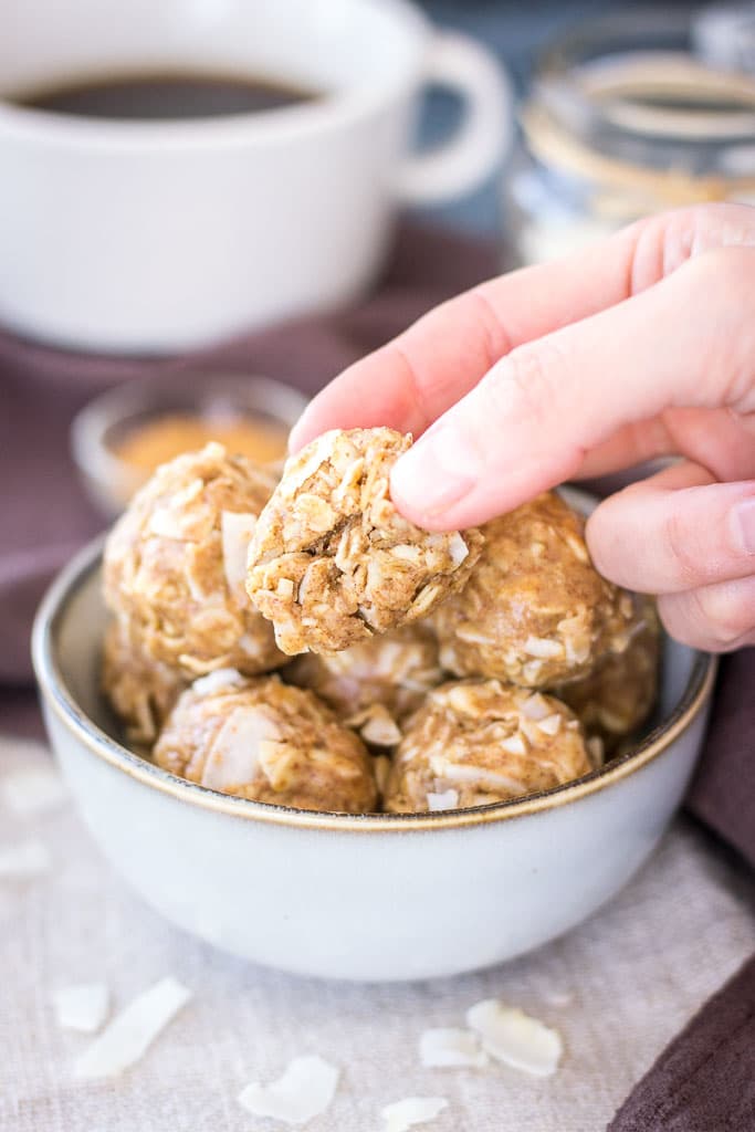 Gluten-free no-bake vegan Peanut Butter Coconut Balls with oats