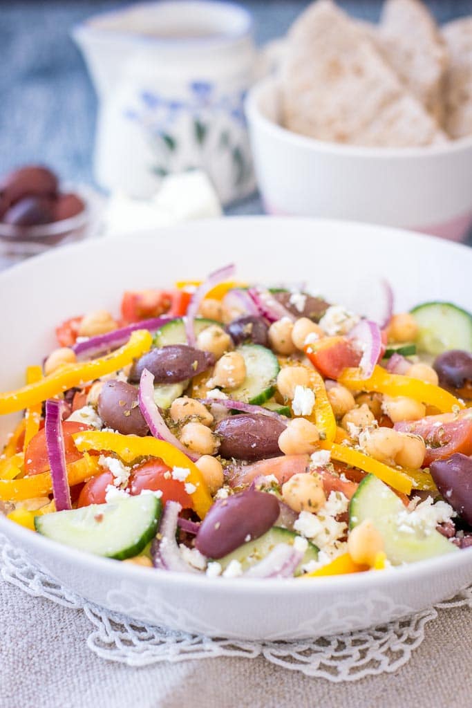 Easy Greek Chickpea Salad with Greek Salad Dressing served in a bowl