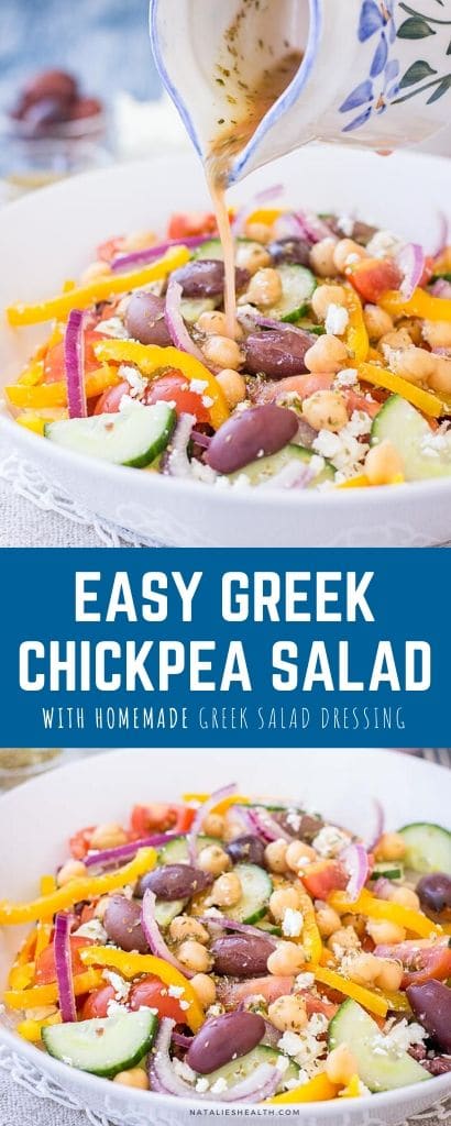 Greek Chickpea Salad with tomatoes, cucumber, olives, feta, and Greek Salad Dressing