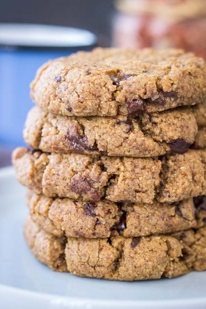 Peanut Butter Coconut Flour Cookies filled with dark chocolate chunks