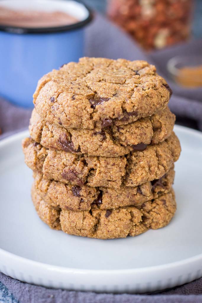 Peanut Butter Coconut Flour Cookies filled with dark chocolate chunks