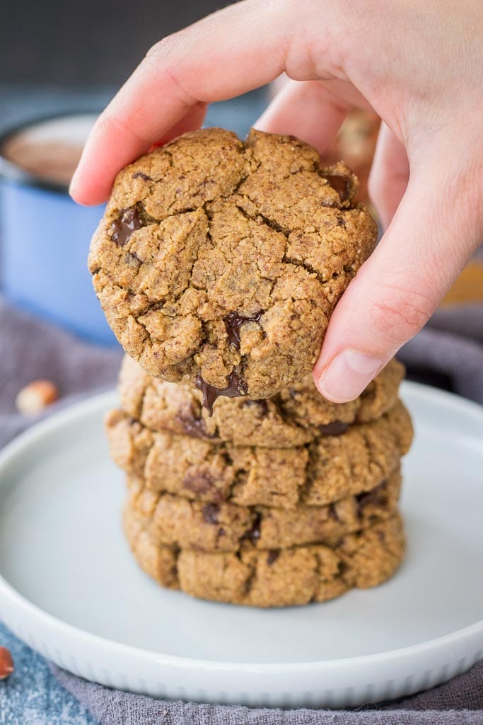 Peanut Butter Coconut Flour Cookies filled with dark chocolate chunks