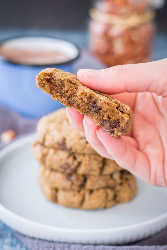 Peanut Butter Coconut Flour Cookies filled with dark chocolate chunks