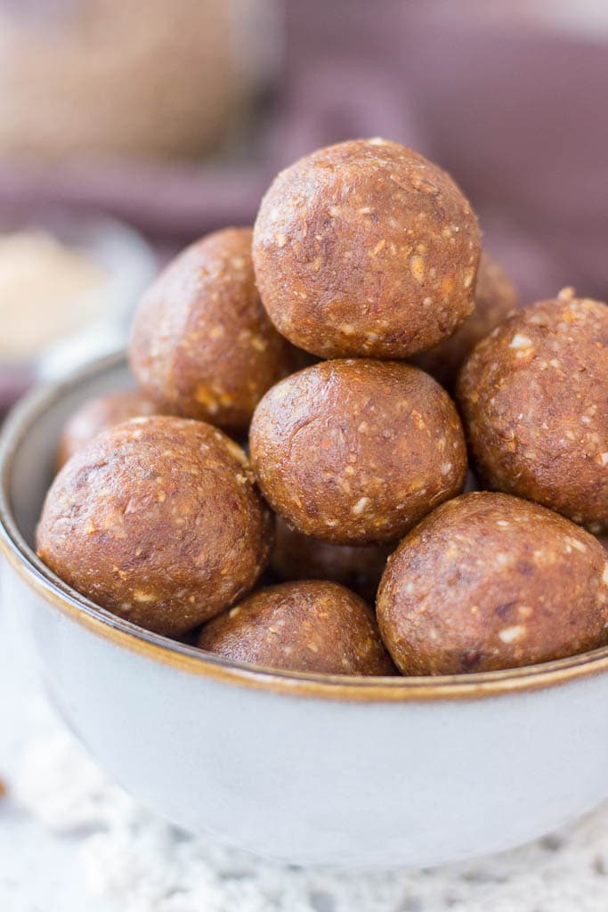 Healthy Almond Butter Energy Balls made with almonds and almond butter, served in a bowl