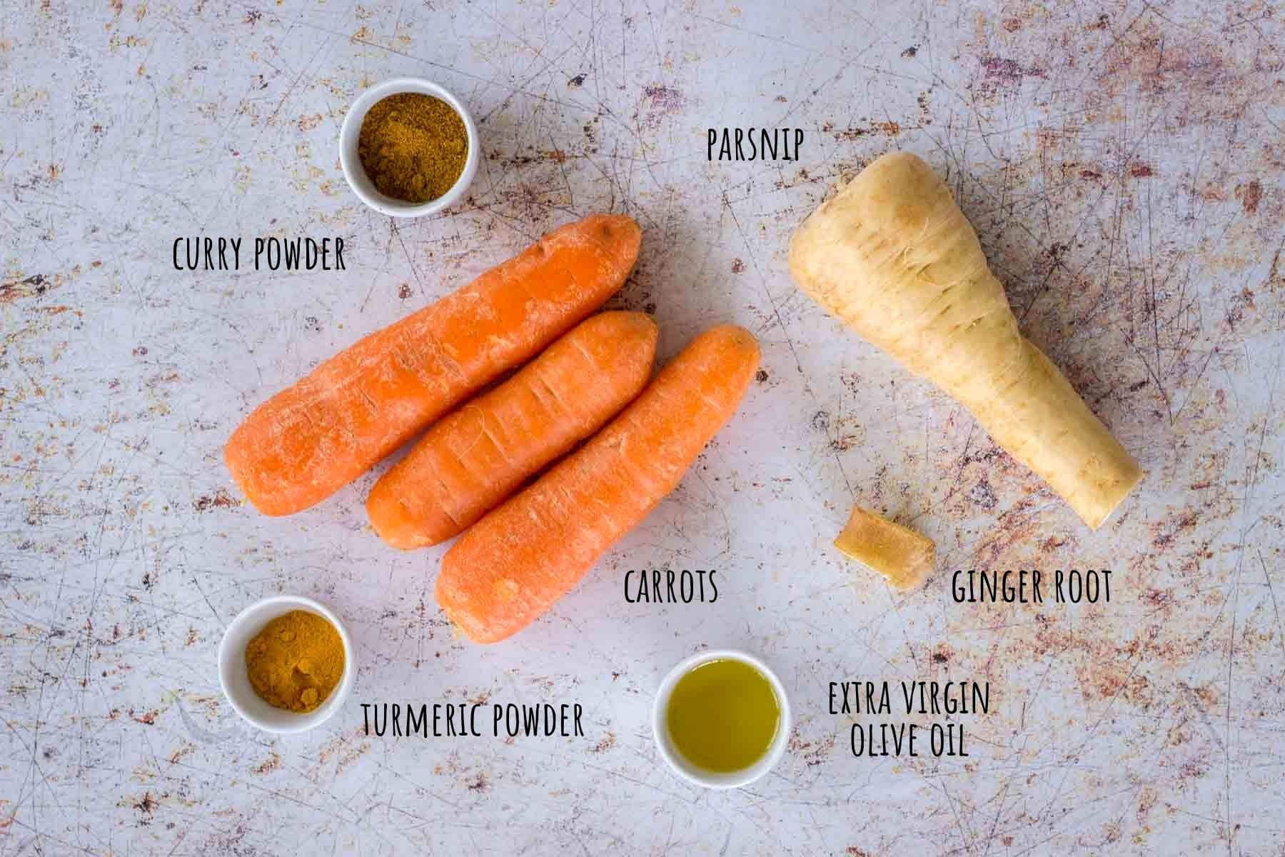 Carrot Curry Soup ingredients, carrot, parsnip, turmeric, ginger, curry powder