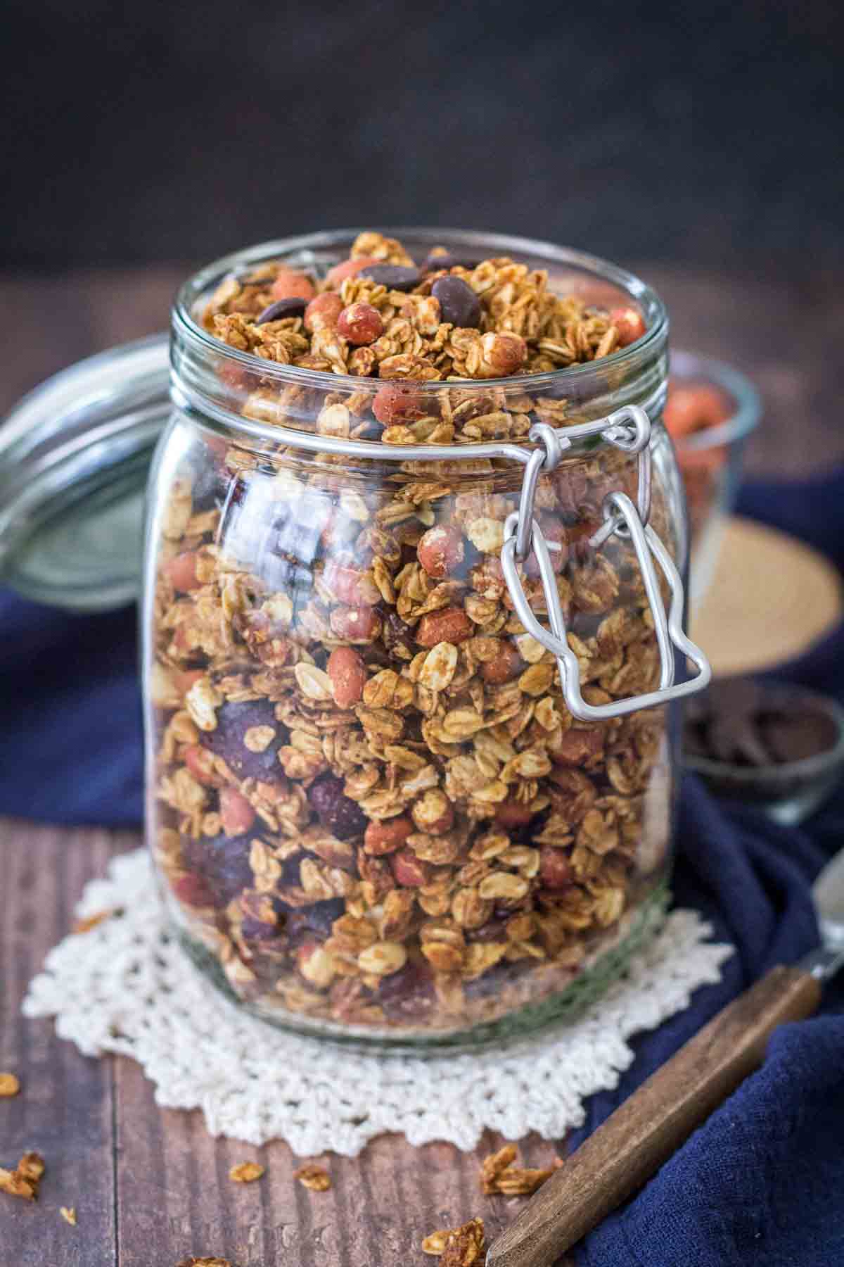 Homemade Peanut Butter Granola stored in a glass jar