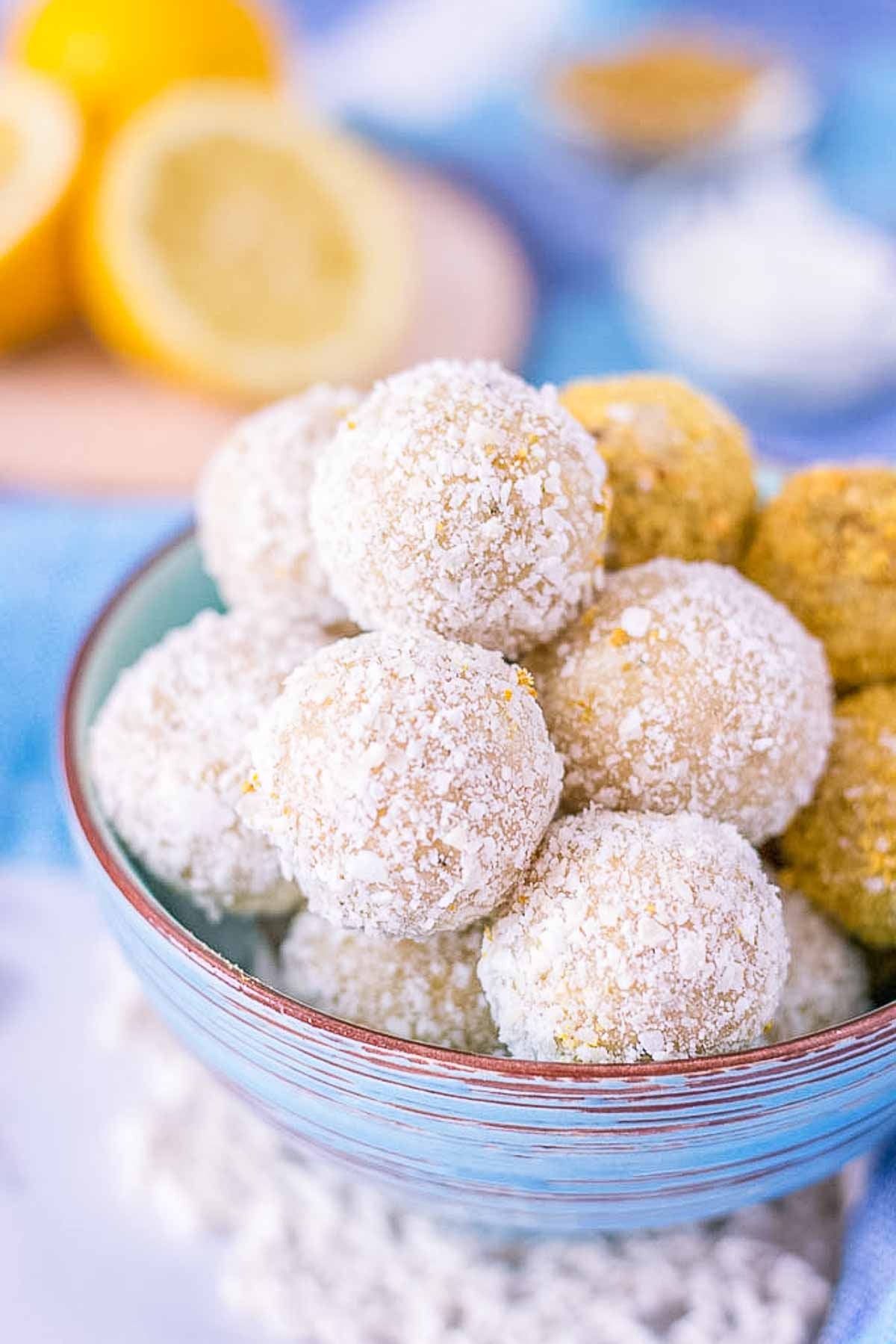 Lemon Coconut Energy Balls served in a bowl