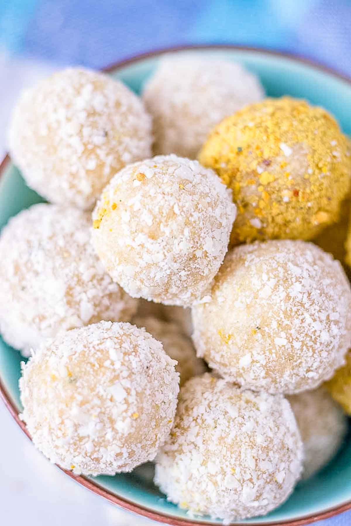 Closeup Lemon Coconut Energy Balls served in a bowl