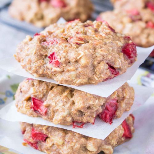 Strawberry Oatmeal Cookies stacked on a plate