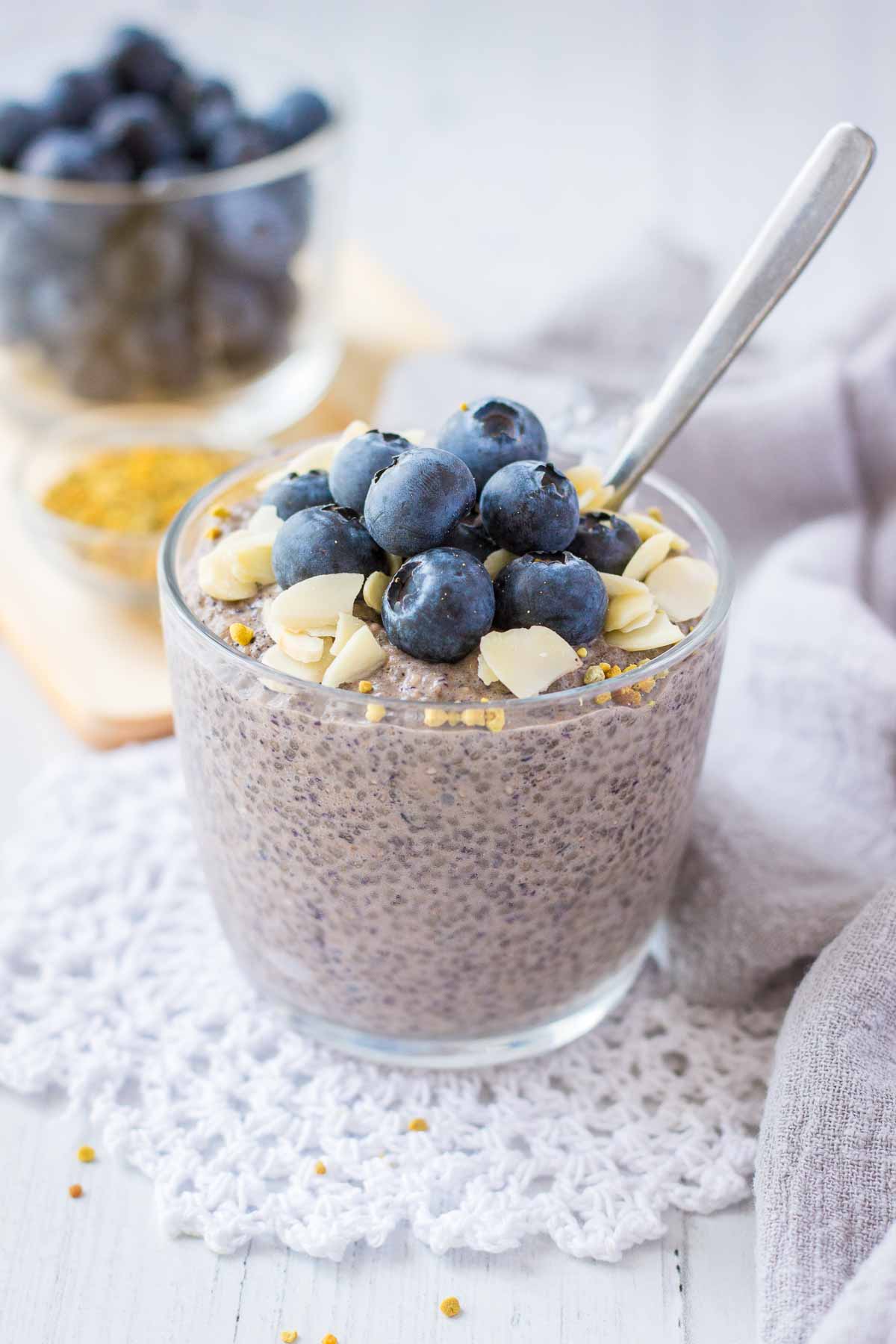 Blueberry Chia Pudding served in a glass bowl with a spoon