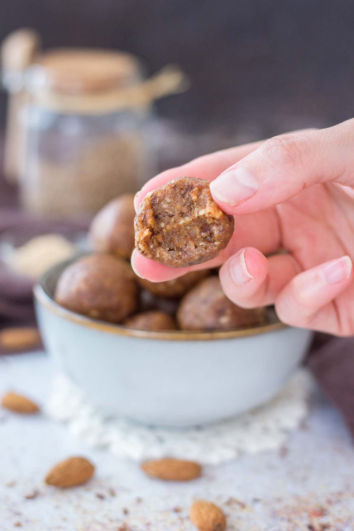 Hand holding Almond Butter Energy Balls